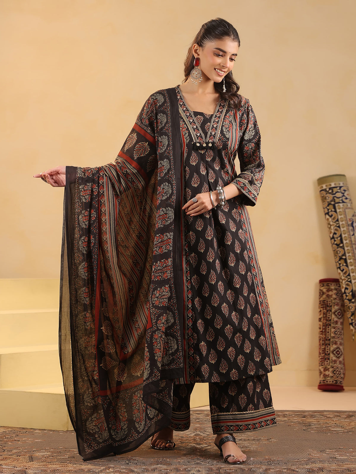 Black cotton silk ajrakh kurti set with dupatta