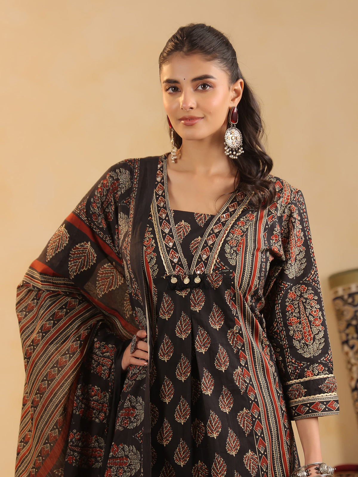 Black cotton silk ajrakh kurti set with dupatta