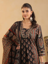 Black cotton silk ajrakh kurti set with dupatta