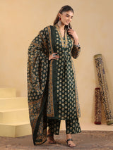 Green cotton silk ajrakh printed kurti pant set