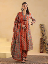 Orange cotton silk ajrakh printed kurti pant set