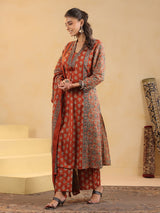 Orange cotton silk ajrakh printed kurti pant set