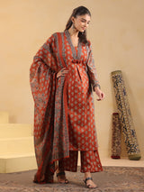 Orange cotton silk ajrakh printed kurti pant set