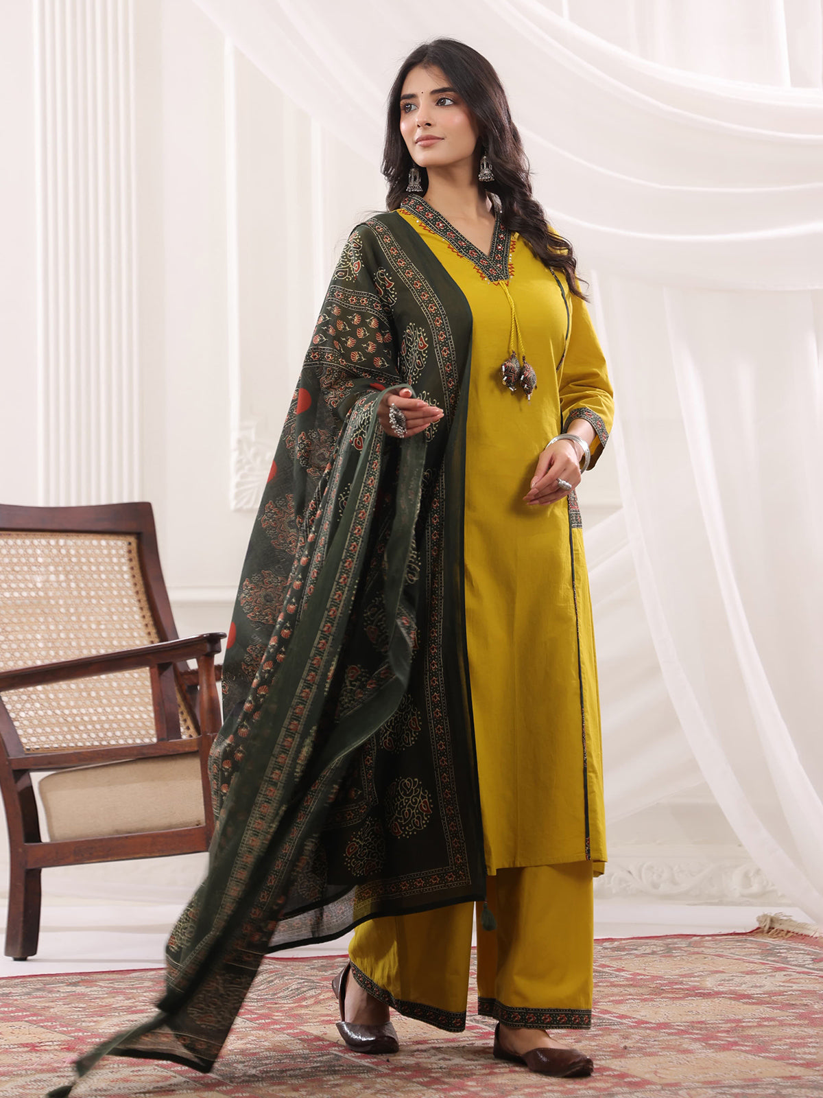 Mustard yellow cotton silk ajrakh anarkali set