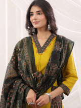 Mustard yellow cotton silk ajrakh anarkali set