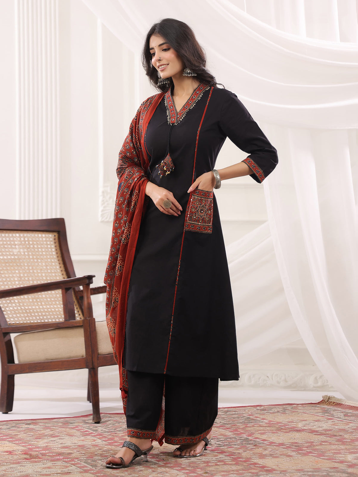 Black cotton silk ajrakh anarkali festive kurti set