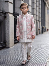Light pink silk boys indowestern set with embroidery
