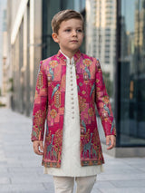 Magenta silk printed indowestern set for boys