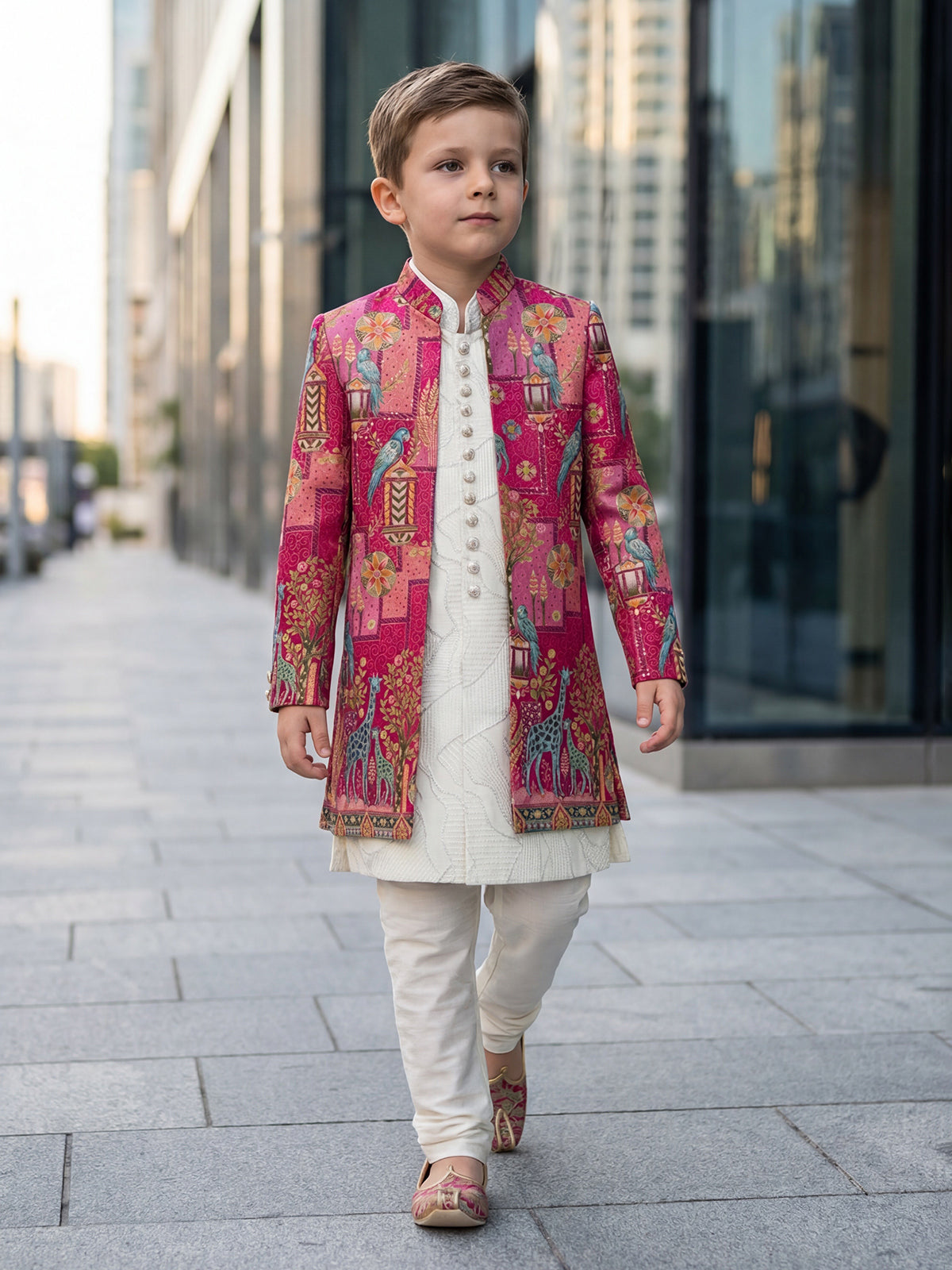 Magenta silk printed indowestern set for boys