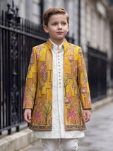 Yellow printed silk boys indowestern set