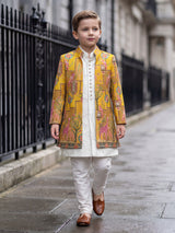Yellow printed silk boys indowestern set