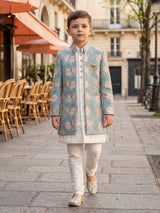 Sea blue reception wear silk indowestern set