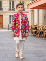 Magenta silk printed indowestern set for reception wear