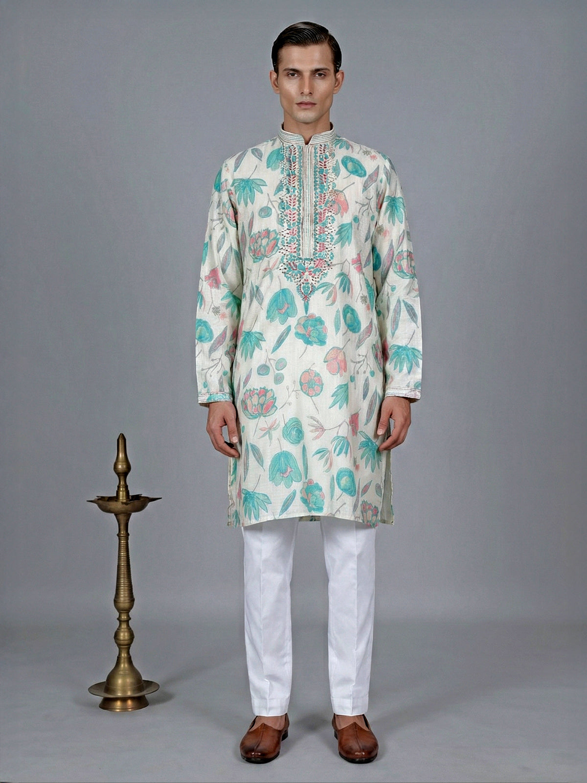 Off white and blueprinted cotton silk kurta suit