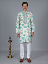 Off white and blueprinted cotton silk kurta suit
