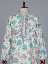 Off white and blueprinted cotton silk kurta suit