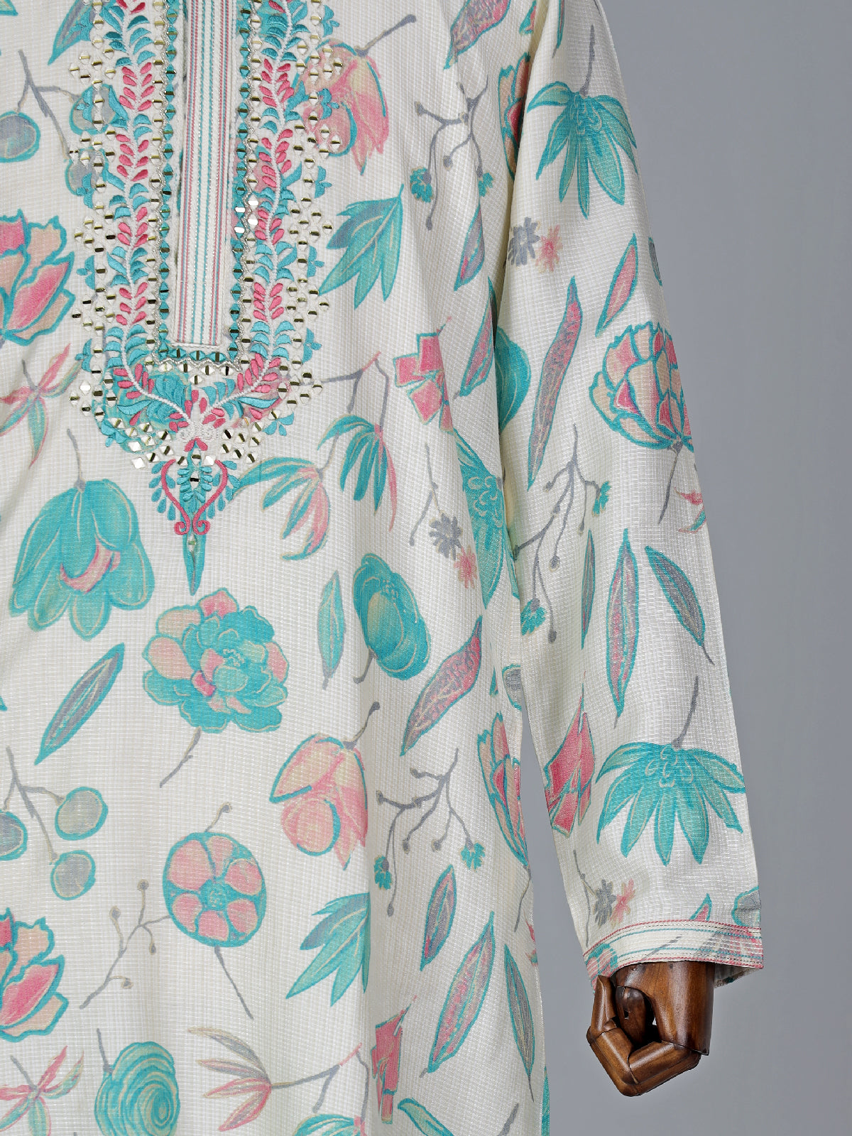 Off white and blueprinted cotton silk kurta suit