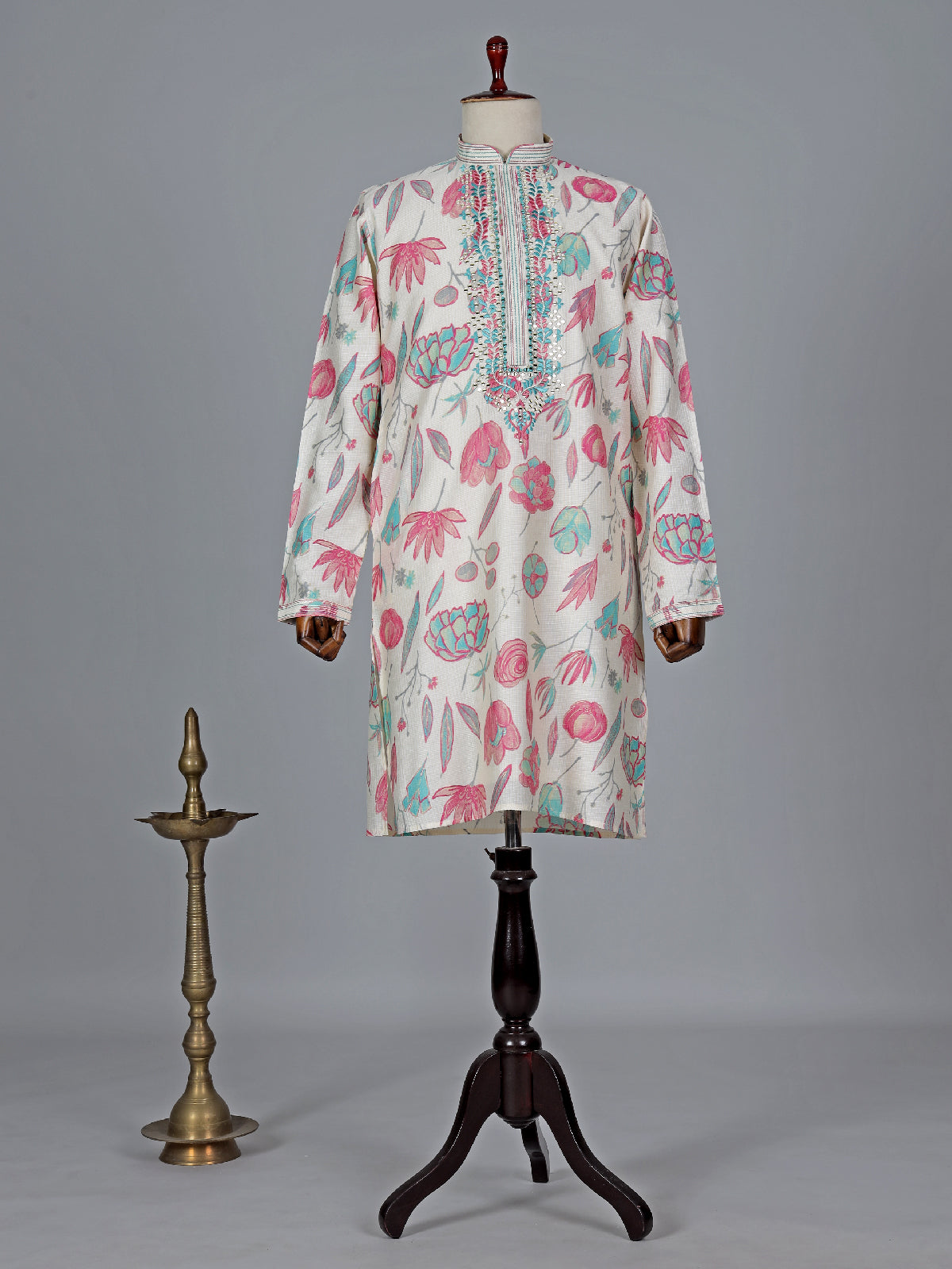 Pink and off white cotton silk kurta suit