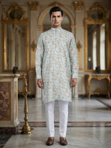 Leaf printed cotton sky blue kurta suit