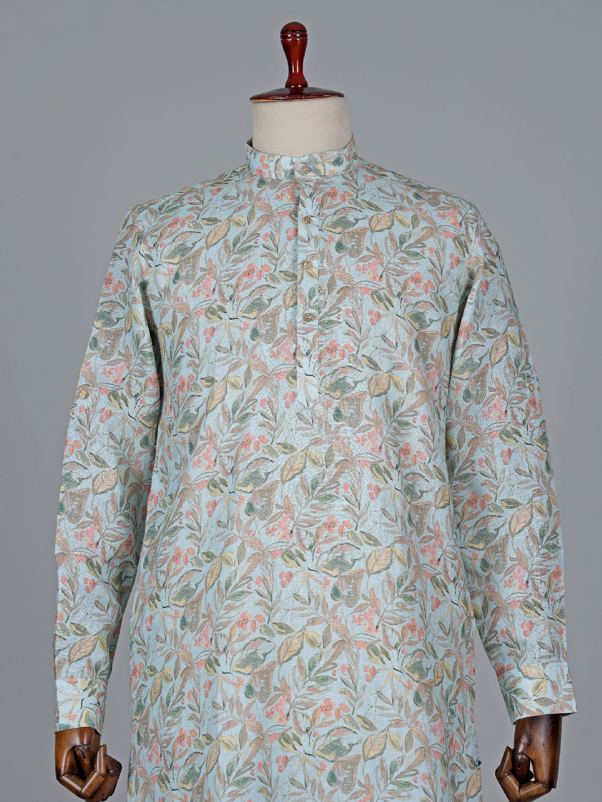 Leaf printed cotton sky blue kurta suit