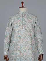 Leaf printed cotton sky blue kurta suit