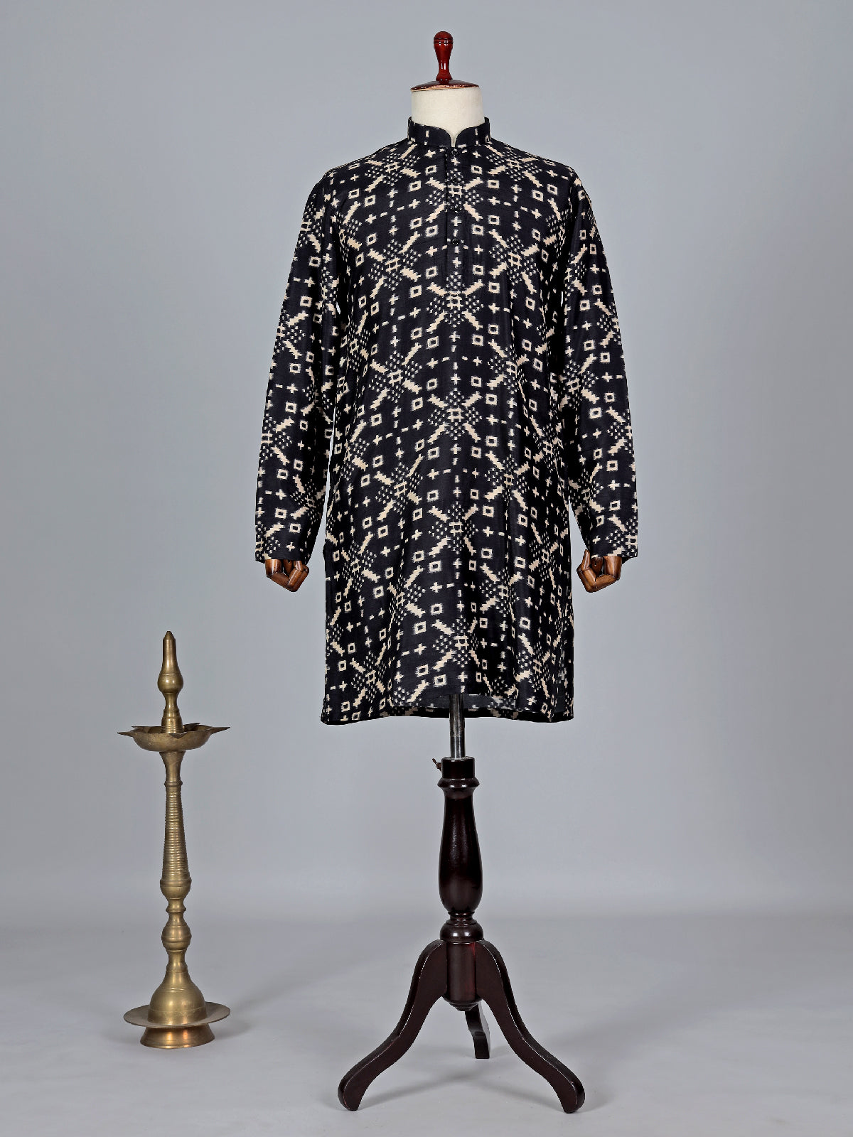 Black printed cotton kurta suit for mens festive wear
