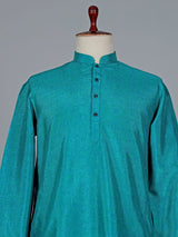 Light printed rama blue silk kurta suit