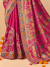 Magenta pink peacock temple pattern banarasi silk creation