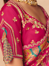 Magenta pink peacock temple pattern banarasi silk creation