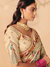 Beige peacock heritage design banarasi silk elegance