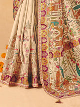Beige peacock heritage design banarasi silk elegance