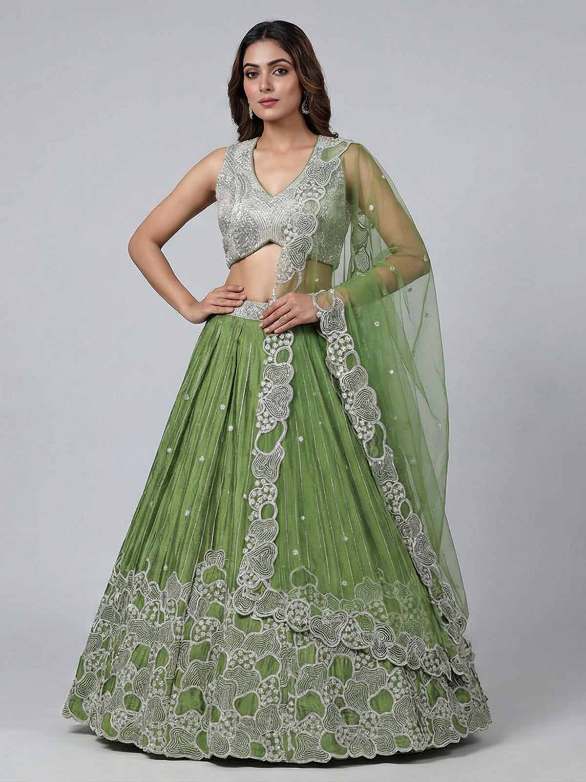 Mehendi green satin silk embellished lehenga choli