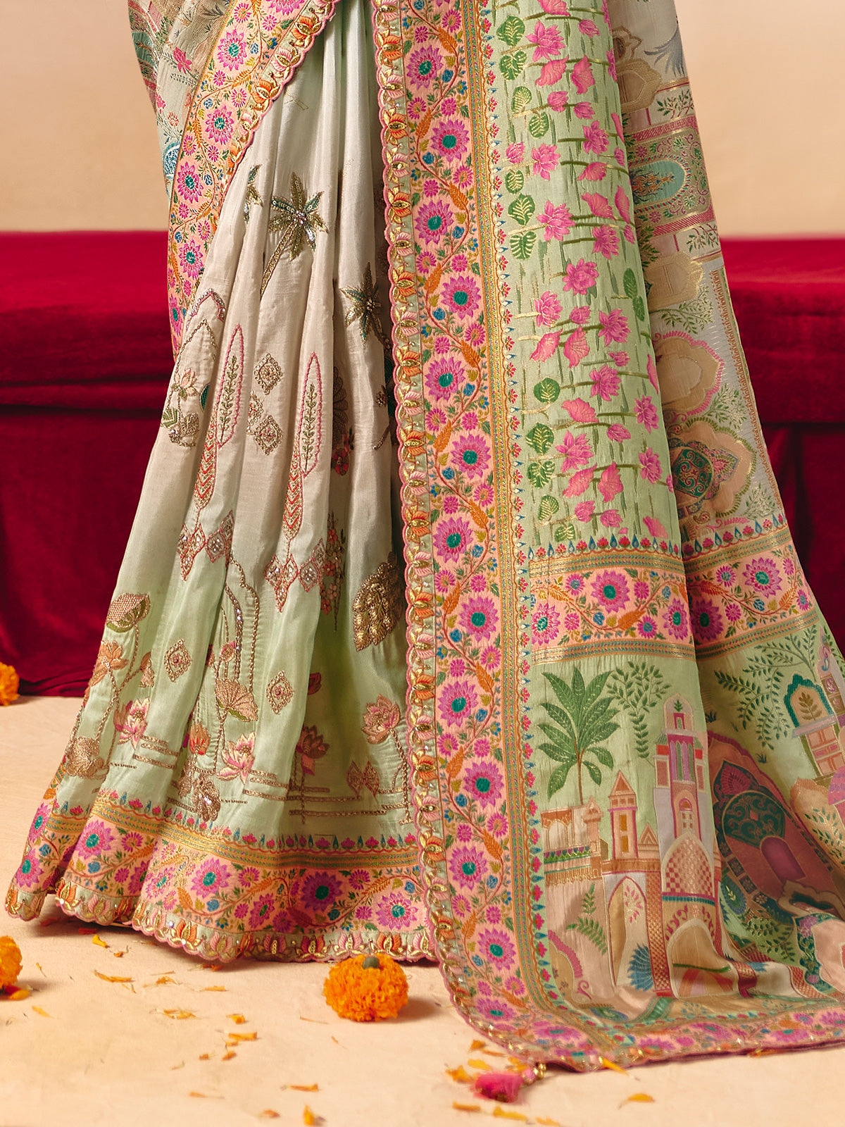 Blue white shaded peacock design banarasi silk grace