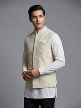 Off white cotton silk embroidered mens waistcoat