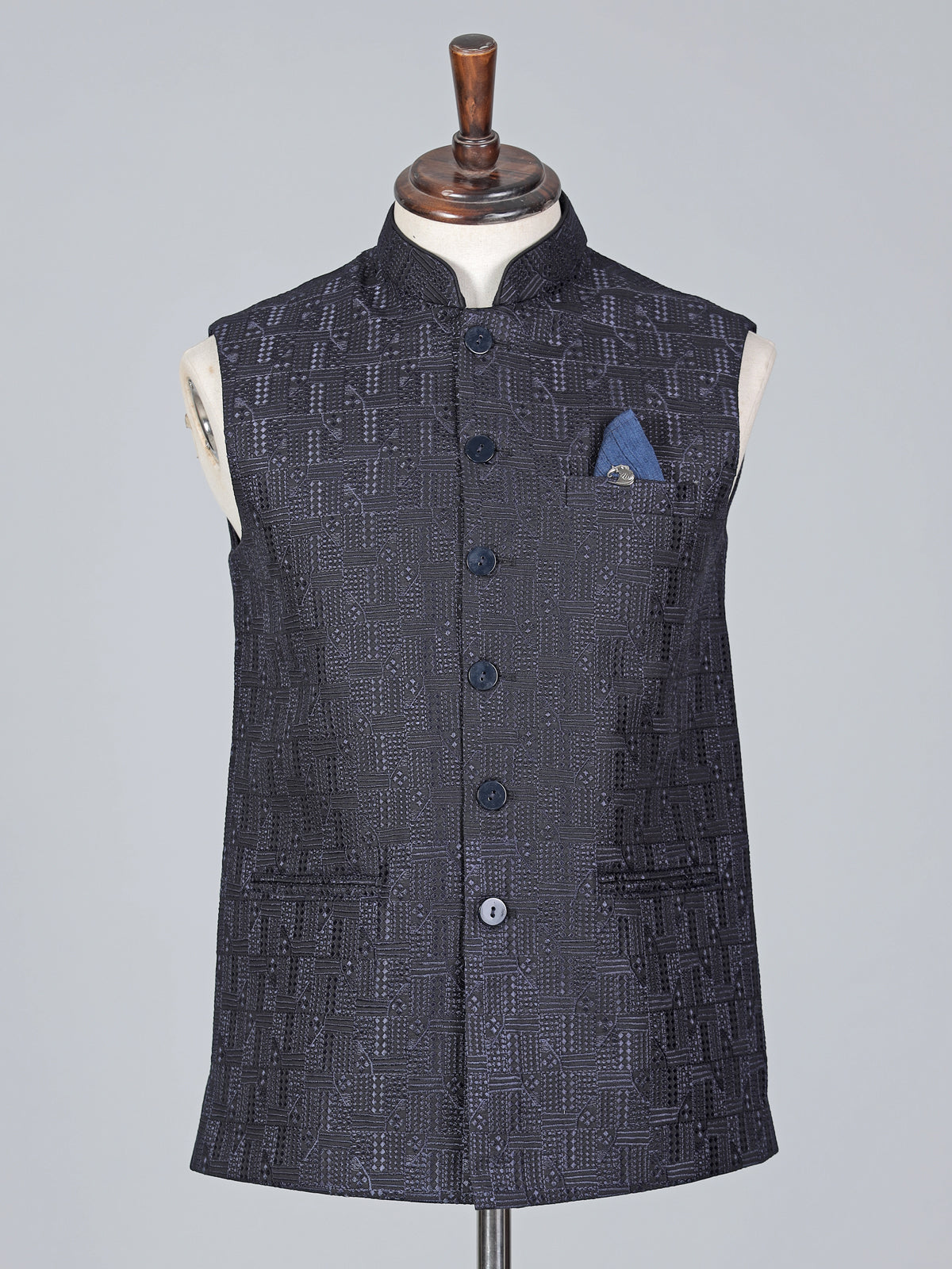 Blue cotton silk thread detailed waistcoat with classic appeal