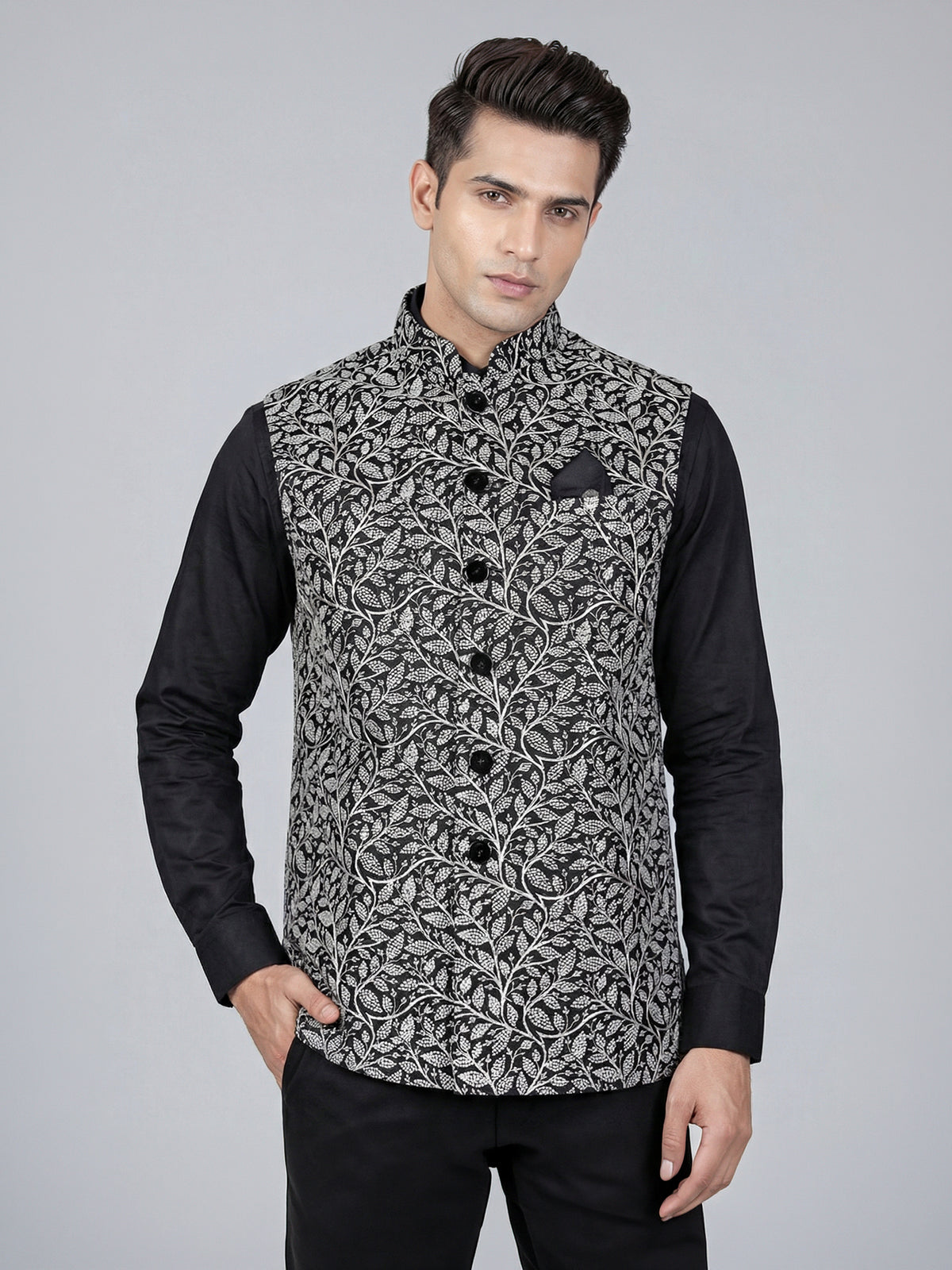 Black cotton silk embroidered waistcoat in regal finish
