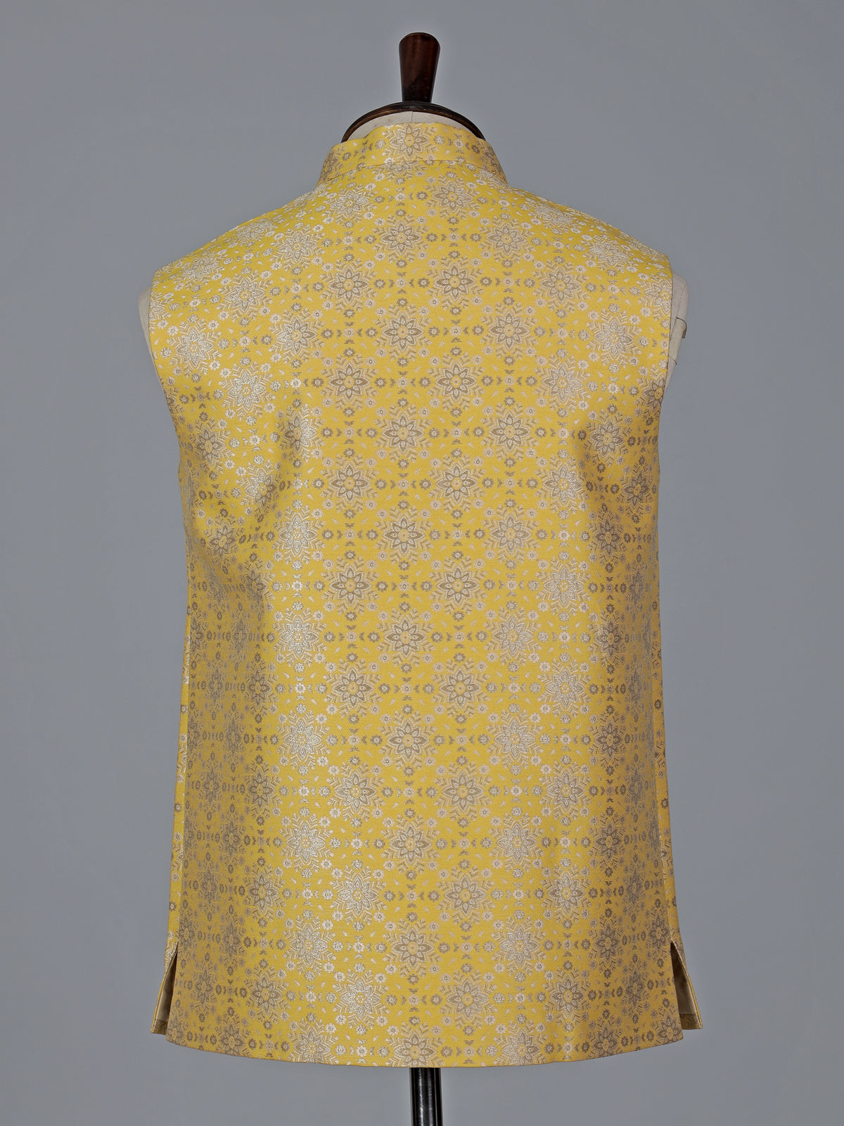 Yellow silk blend jacquard waistcoat with zari woven charm