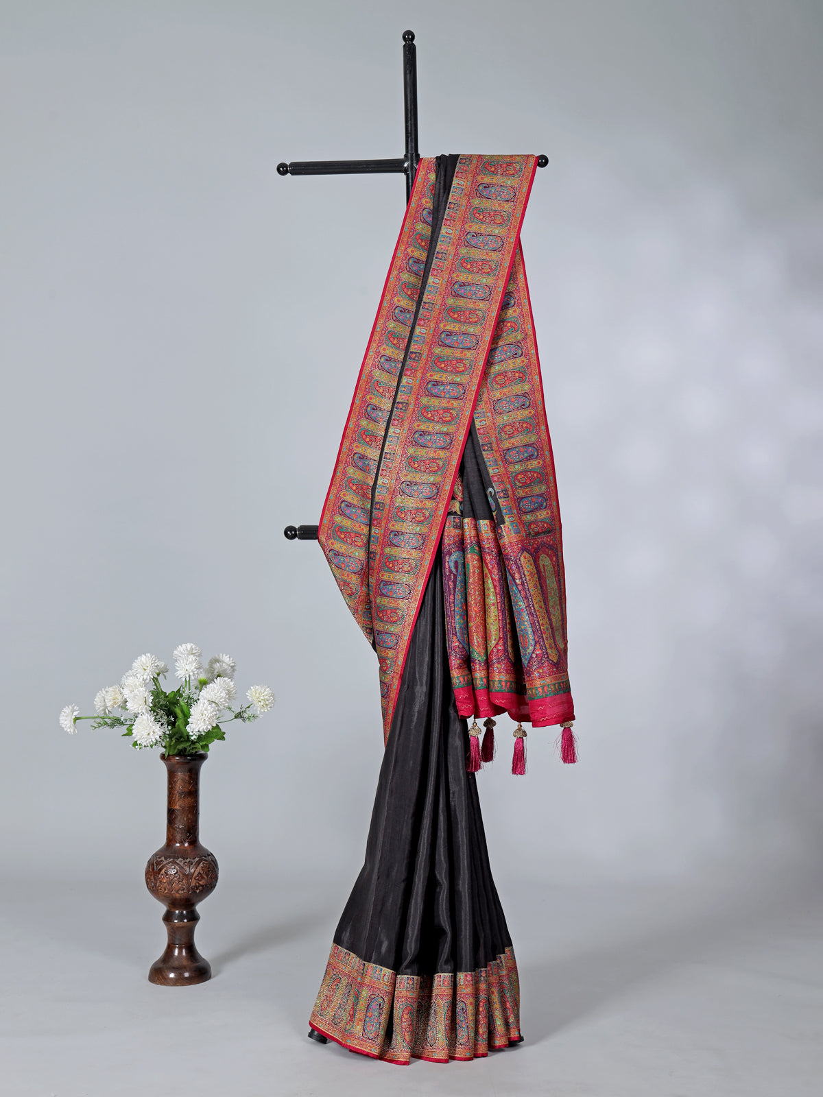 Black art pasmina silk embroidered saree with unstitched blouse
