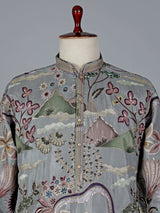 Grey cotton silk printed kurta suit with resham and sequin work
