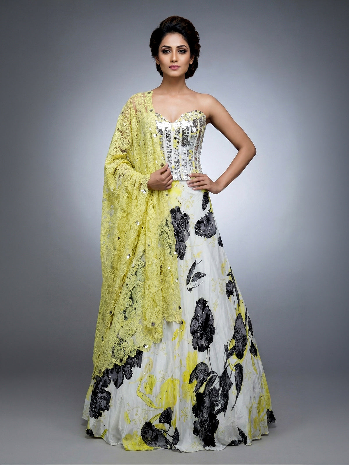 Yellow satin silk lehenga choli with floral print