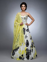 Yellow satin silk lehenga choli with floral print