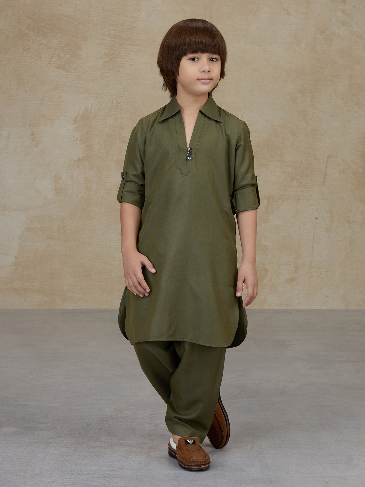 Olive green cotton pathani kurta salwar set