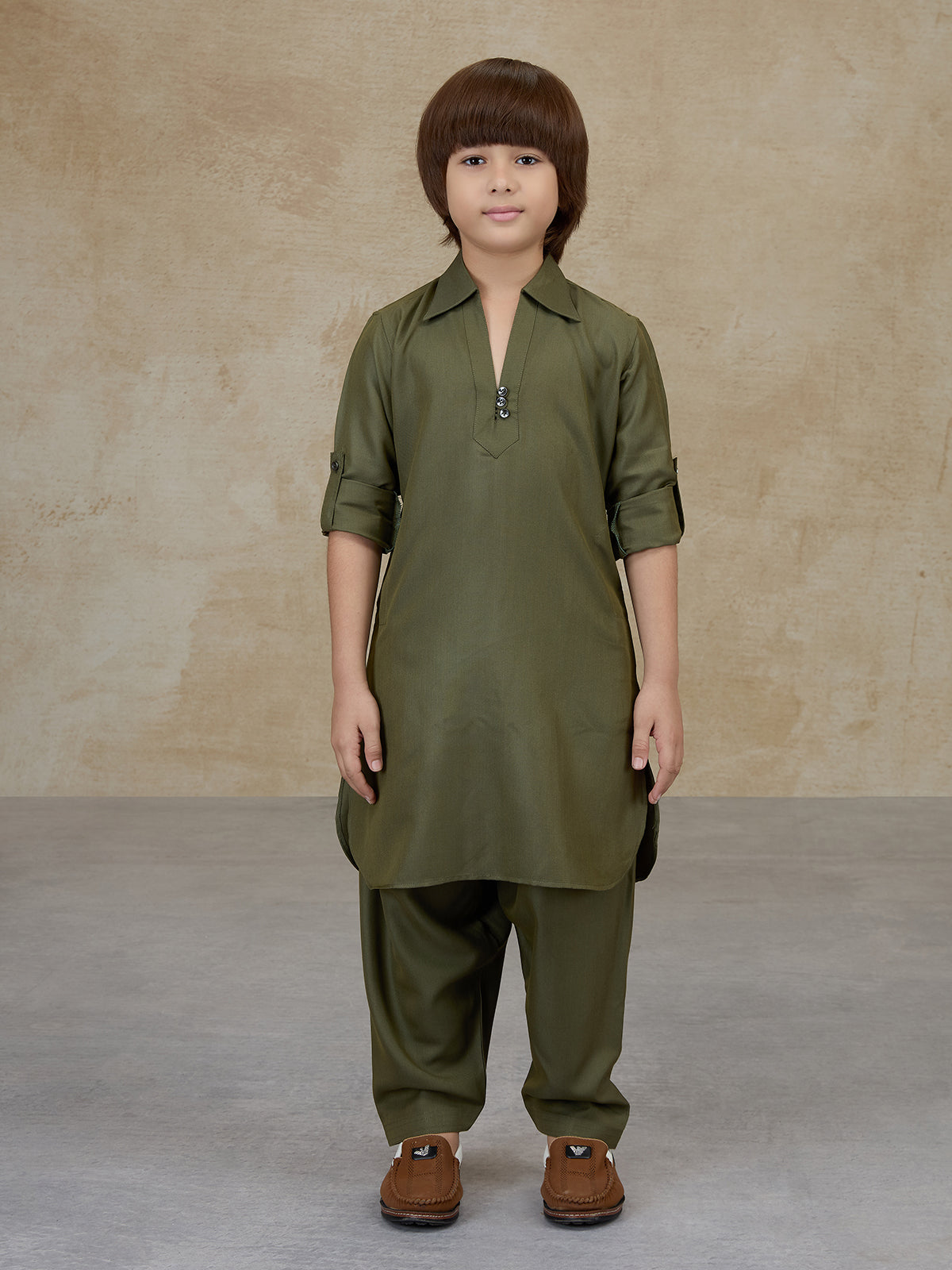 Olive green cotton pathani kurta salwar set