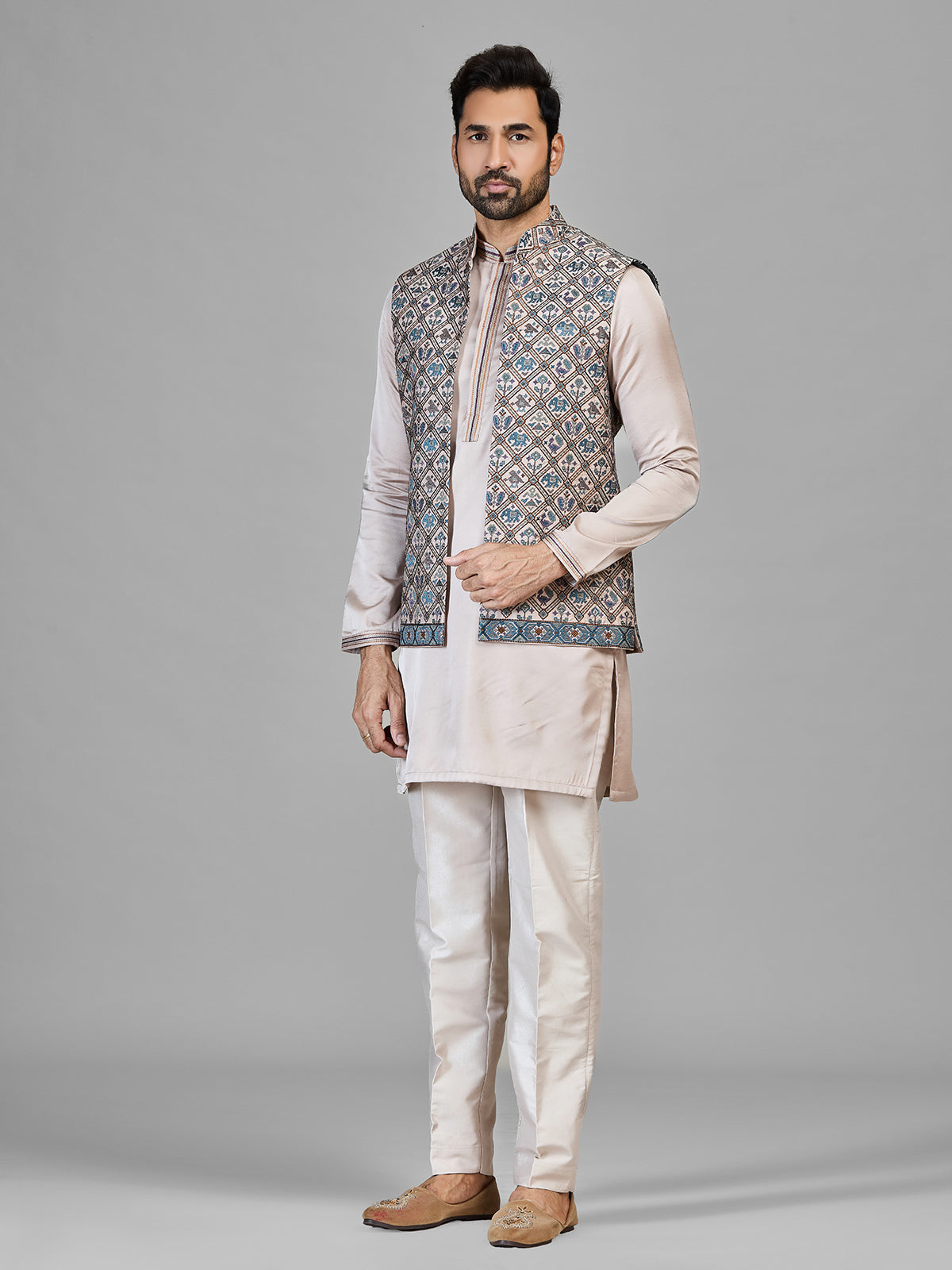 Beige silk waistcoat set with thread detailing for mens