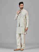 Beige beads worked pure linen wastcoat set