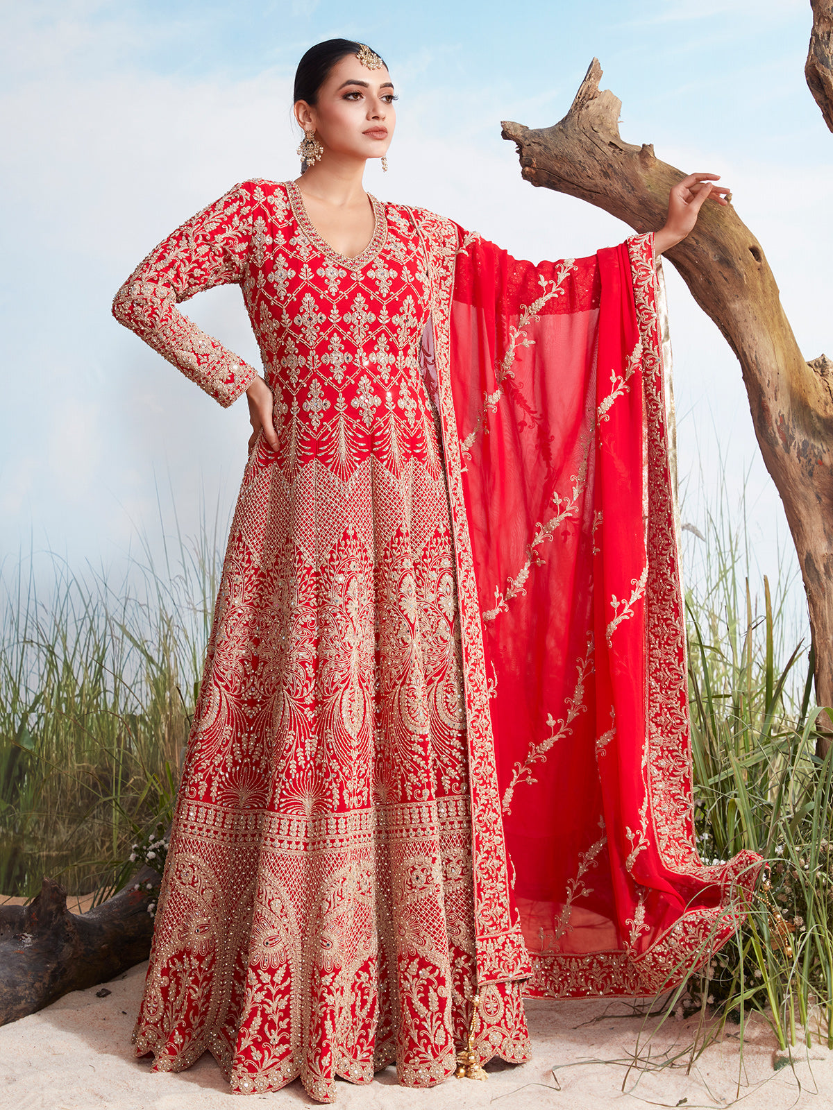 Red georgette heavily embellished floor length gown with dupatta