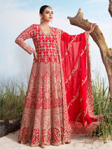 Red georgette heavily embellished floor length gown with dupatta