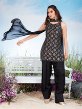 Black silk resham sequins cutdana sleeveless salwar set