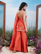 Orange brocade silk zardosi sharara suit with dupatta
