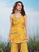 Yellow digital print silk mirror work sharara suit